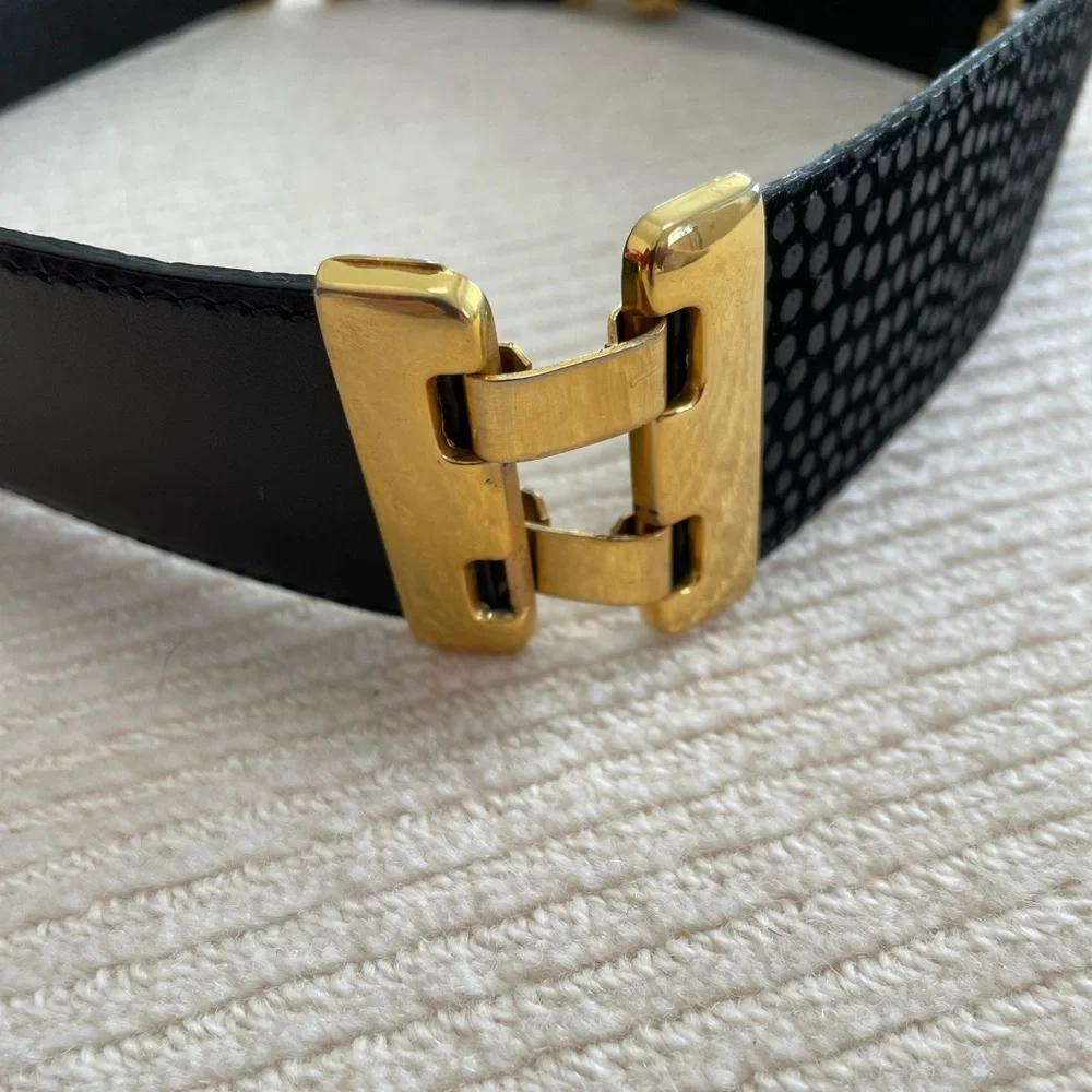 Womens Black Leather Dress Belt With Gold Accent Links